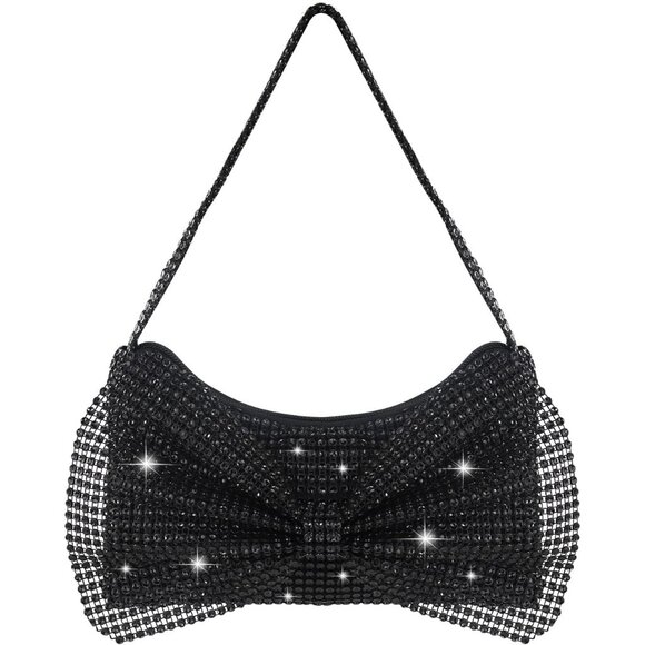 🆕Women Black Rhinestone Evening Clutch Purse, Sparkly Bowknot Small Handbag - Picture 1 of 6
